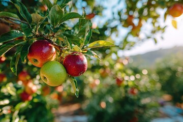 Freshly picked apples hanging on a vibrant tree branch in an orchard during sunny weather, showcasing a beautiful mix of red and green fruit on lush green foliage.