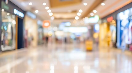 Defocused modern shopping mall interior with bright lights, glossy floor, and blurred storefronts creating an abstract urban retail environment perspective