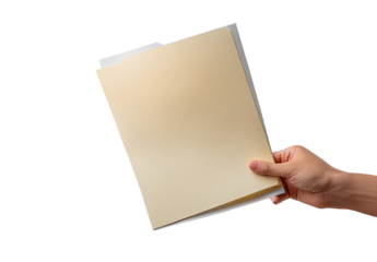 A hand holds a light beige file folder.  The folder is open, displaying a blank, unadorned interior