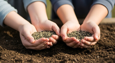 Child hands holding seeds ready to be planted, moist soil in the background, focus on the gesture, soft natural light.

