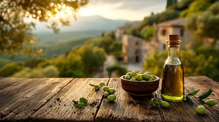 Obraz premium Bottle of olive oil and bowl of olives on a rustic wooden table with a tuscan landscape background