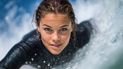 Focused young woman surfing powerful ocean wave. An active water sport lifestyle for perfect digital detox feeling sense of freedom