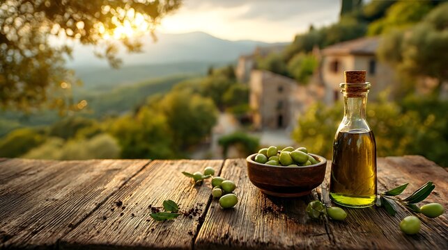 Bottle of olive oil and bowl of olives on a rustic wooden table with a tuscan landscape background