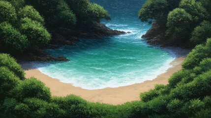 Serene bay painting for digital detox. Peaceful seascape of secluded beach cove with turquoise water and lush green tropical vegetation