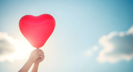 Child holding a heart-shaped balloon against the blue sky, close-up of hands and balloon, background with soft clouds and filtered sunlight.