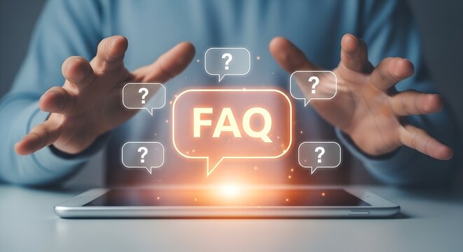 Hands reaching towards a glowing faq icon surrounded by question marks on a digital tablet