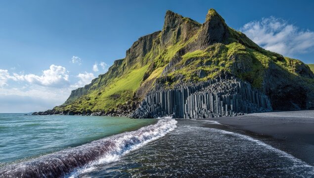 Dramatic Icelandic coastline with basalt columns and a black sand beach
