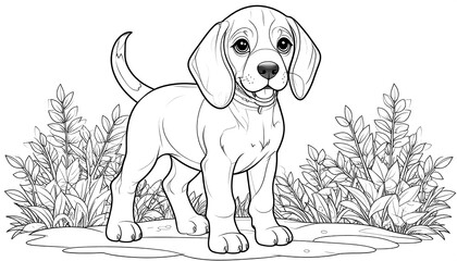 Cute Beagle puppy in grass, black and white line art