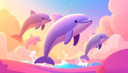 Cute dolphins leaping playfully in a vibrant sunset seascape.