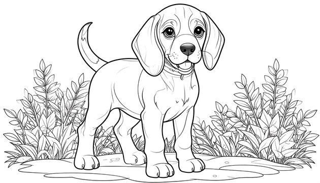 Cute Beagle puppy in grass, black and white line art - Powered by Adobe