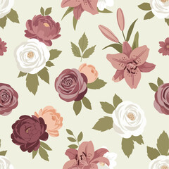 Elegant floral pattern with mauve roses pink lilies and white peonies in a vintage style.