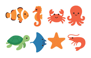 Naklejka premium Coral Reef Creatures. Flat vector mini-illustrations animals in the coral reef habitat in colors children's