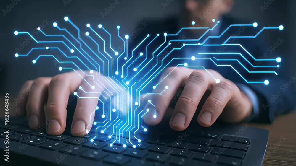 Poster person typing on a keyboard with digital circuit overlay in an inspiring technology workspace
