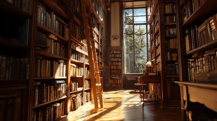Obraz premium Sunlight streams through a tall window illuminating a grand library aisle filled with antique books