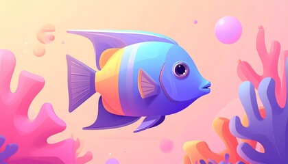 Naklejka premium A vibrant, stylized blue angelfish swims amidst pastel coral reefs and bubbles.