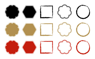 和風テイストの多角形・円形フレーム素材セット（装飾枠 ラベル パーツ ベクター  赤 黒 金 日本 japanese）