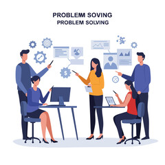 A diverse team collaborates in a modern office setting, brainstorming ideas and strategies for problem-solving, utilizing technology and data analysis to achieve their goals.