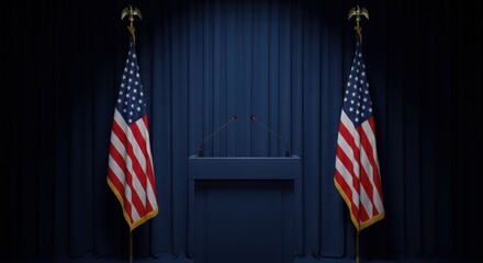 American flag backdrop with podium for public speaking