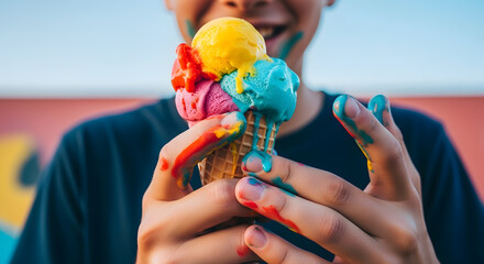 Close-up of melting ice cream in a young person's hands, vibrant colors, sticky fingers full of joy, blurred background with clear sky or colorful wall.