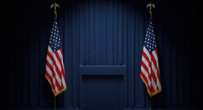 American flag backdrop with podium for public speaking