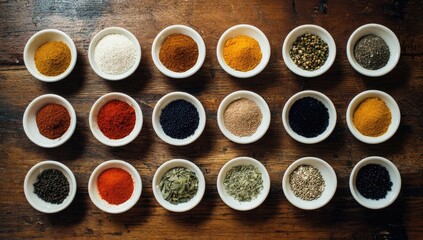 Small white bowls filled with various spices arranged on a wooden surface