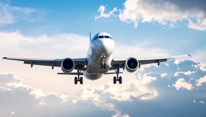 Fototapeta premium Airplane landing in cloudy sky