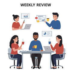 Fototapeta premium Diverse business team members collaborate in a weekly review meeting, analyzing data and discussing strategies in a modern office environment.