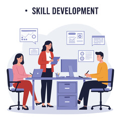 A diverse team collaborates in an office setting, focusing on skill development and strategic planning, with modern technology and data analysis displayed for success.