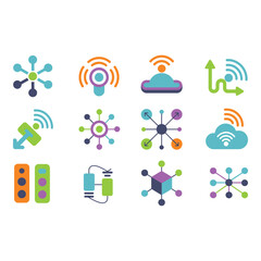 Colorful networking and connection icons on white background