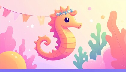 Adorable cartoon seahorse adorned with a flower crown, celebrating amidst pastel underwater scenery.