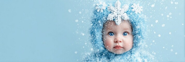 Winter wonderland portrait of an adorable infant wrapped in soft blue textures, surrounded by delicate snowflake patterns and glistening snow particles against a serene pastel background