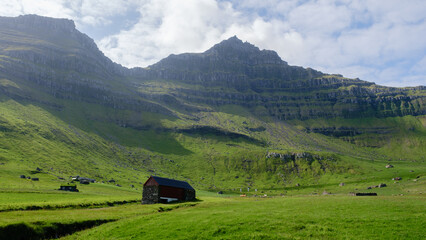 A tranquil setting in the Faroe Islands features stunning green cliffs rising dramatically above...