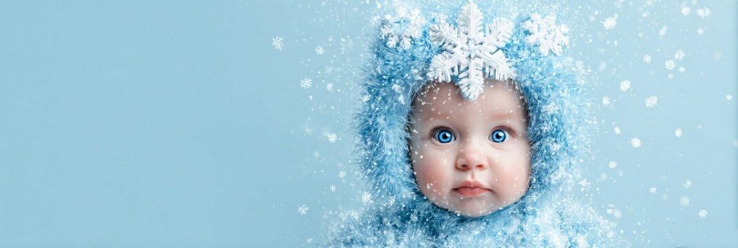 Winter wonderland portrait of an adorable infant wrapped in soft blue textures, surrounded by delicate snowflake patterns and glistening snow particles against a serene pastel background