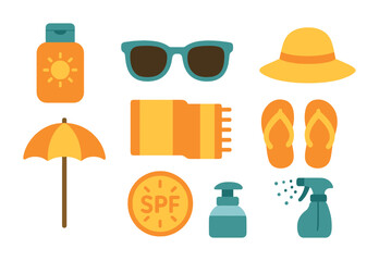 Beach Essentials Icons. Flat vector mini-illustrations sun-safe beach day in colors children's illustrations: