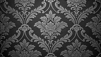 Elegant Silver Damask Wallpaper Texture:  Dark Background, Vintage Floral Pattern, Luxury Design