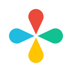 Abstract, colorful icon of four teardrop shapes arranged in a cross