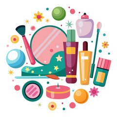 A whimsical collection of makeup and beauty products arranged in a circular pattern with decorative elements like flowers and stars evoking a sense of glamour and self care