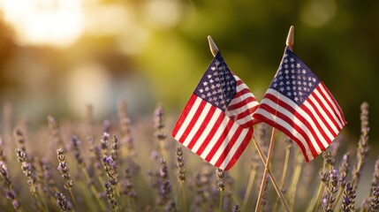 American flags in lavender field