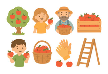 Obraz premium Joyful Apple Picking. Flat vector mini-illustrations happy apple harvest in colors children's illustrations: