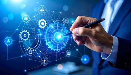 Businessman interacts with a digital network of gears and interconnected icons