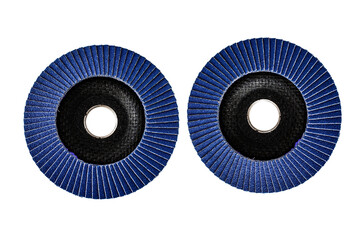 Pair of blue abrasive flap discs for angle grinders isolated on white background, ideal for metal grinding, sanding, and surface finishing.