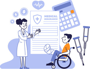 Medical insurance support after injury. Doctor explaining coverage to injured man in wheelchair.