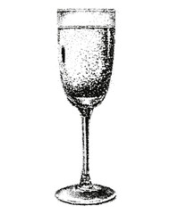 Retro photocopy texture vintage champagne glass illustration, perfect for New Year's Eve disco, cocktail parties, Christmas, and festive nightlife. Urban grunge collage design with holiday party theme