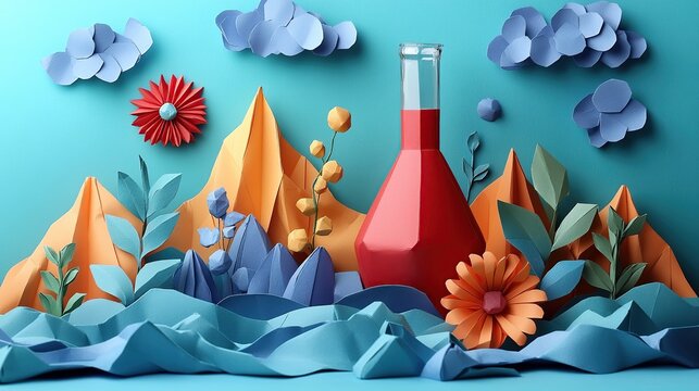 Vibrant papercraft landscape with a red beaker filled with liquid surrounded by sculpted mountains swirling waves flowers and fluffy clouds blending science and nature in artistic collage