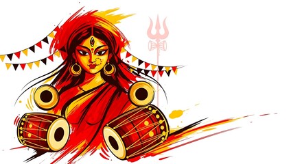 Obraz premium Artistic illustration of Goddess Durga with drums, celebrating the festival with vibrant, abstract brush strokes on a white background.