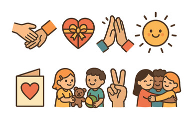 Child's Kindness Icons. Flat vector mini-illustrations of choosing kindness in colors children's illustrations