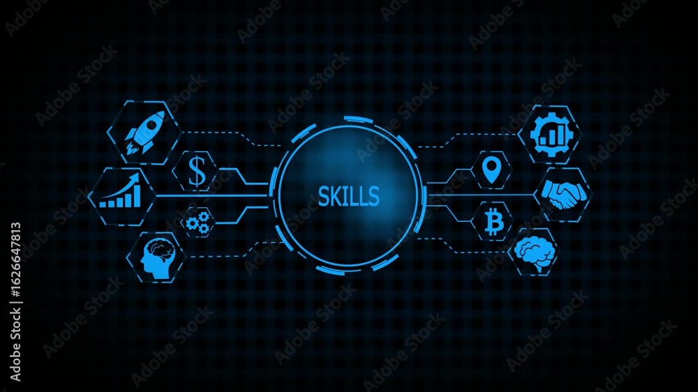 Poster global skills development concept featuring abstract interface and world map background education co