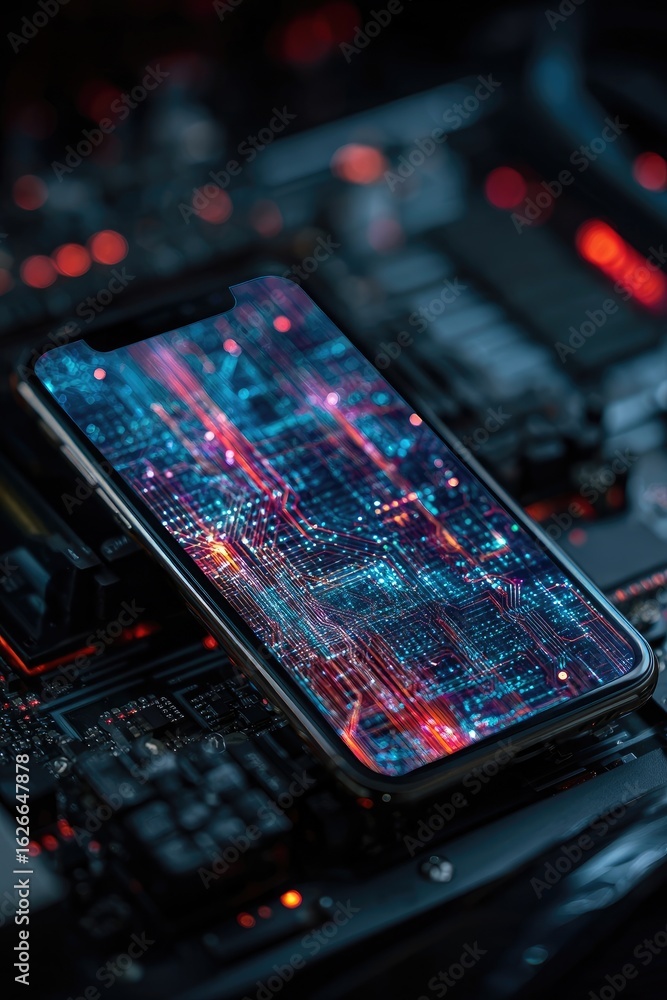 Aufkleber a smartphone rests on a circuit board, its screen displaying a vibrant, abstract cityscape. digital 