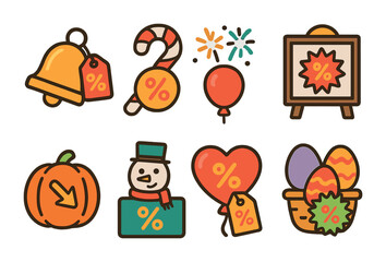 Festive Discount Icons. Flat vector mini-illustrations of festive discounts in colors children's illustrations