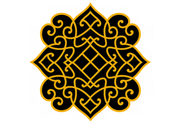 Kazakh traditional pattern with intricate swirling lines, geometric motifs reflecting cultural heritage, transparent background supporting graphic design needs